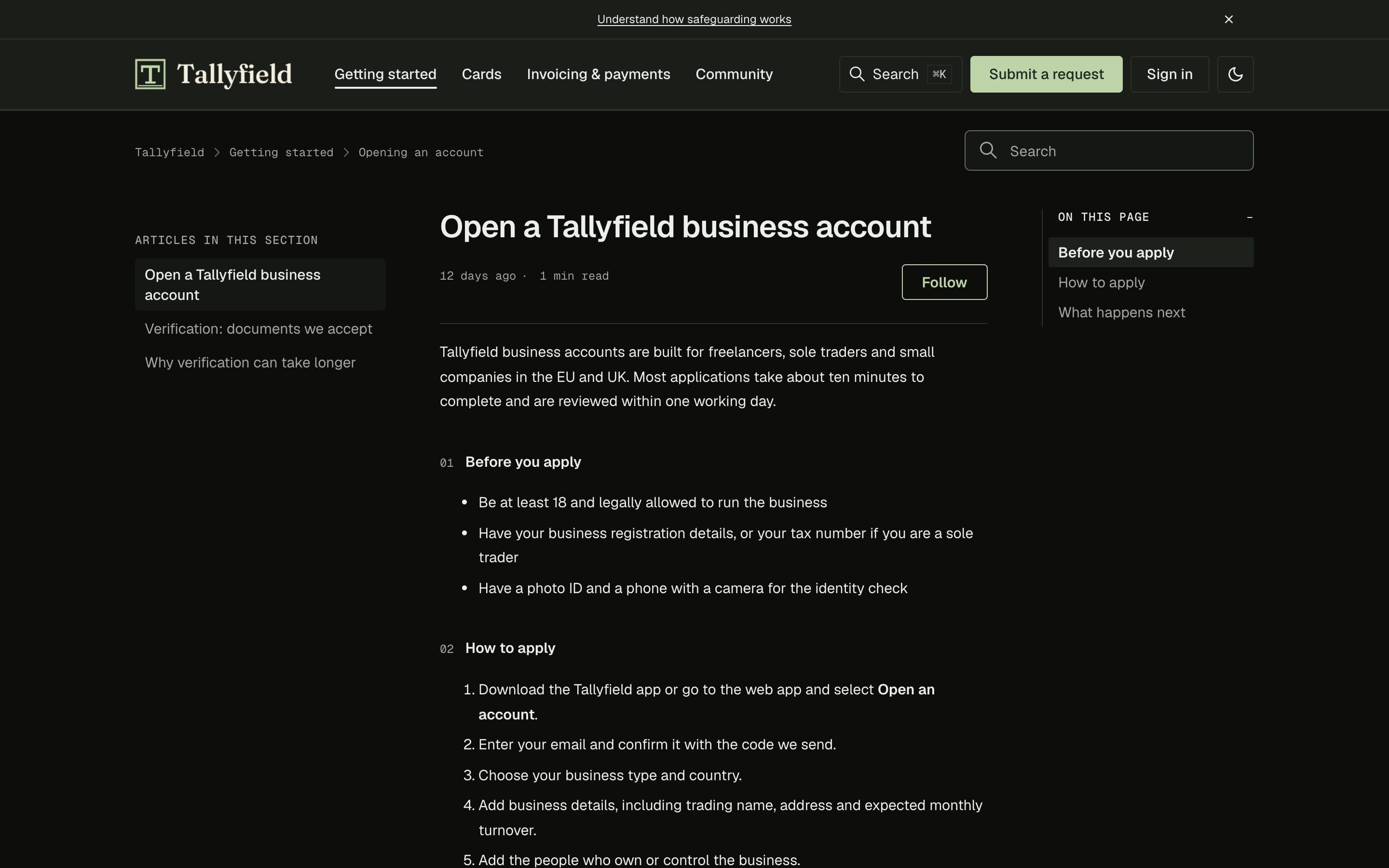 Tallyfield article page in dark mode