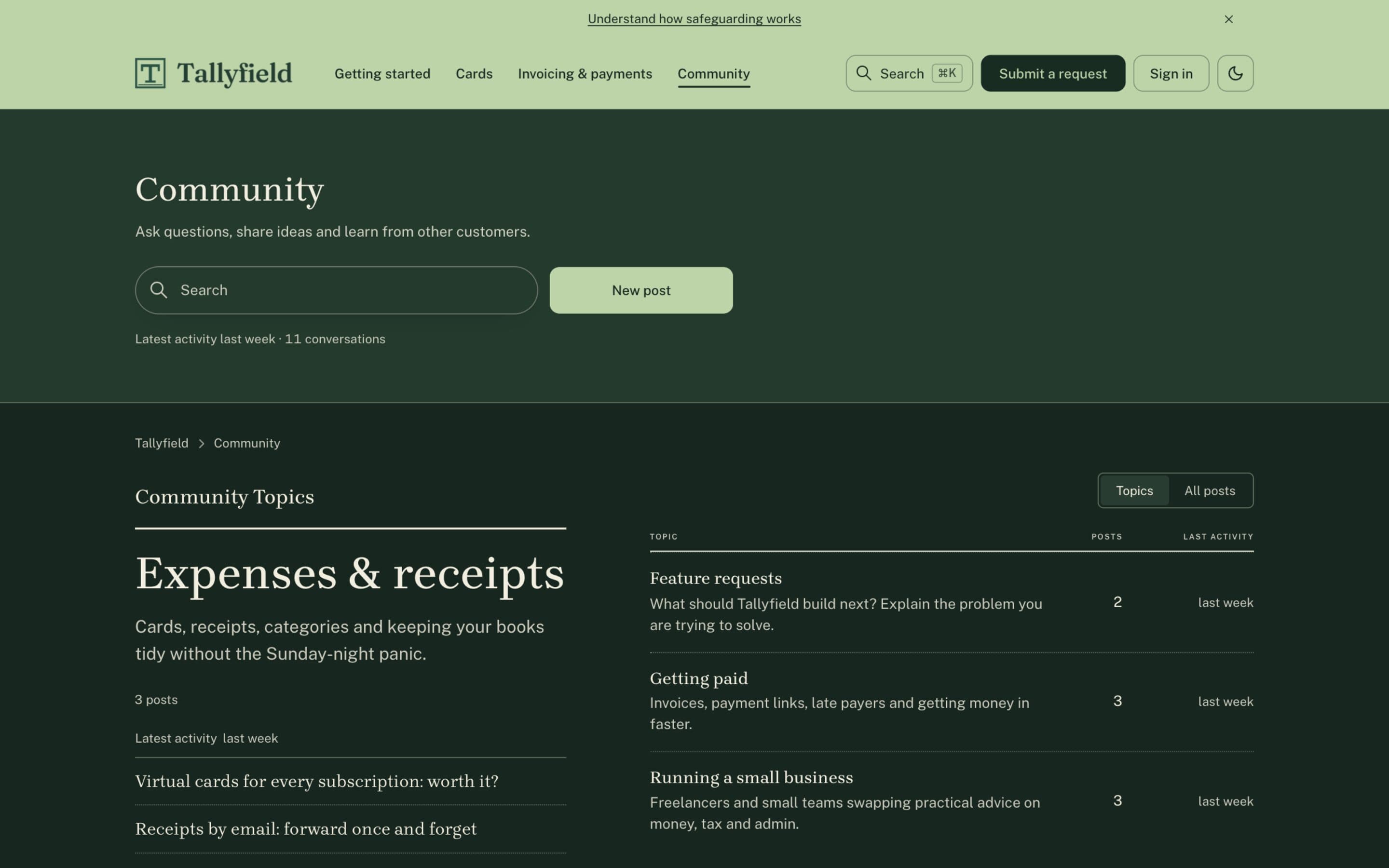 Tallyfield, dark community page, Ledger layout