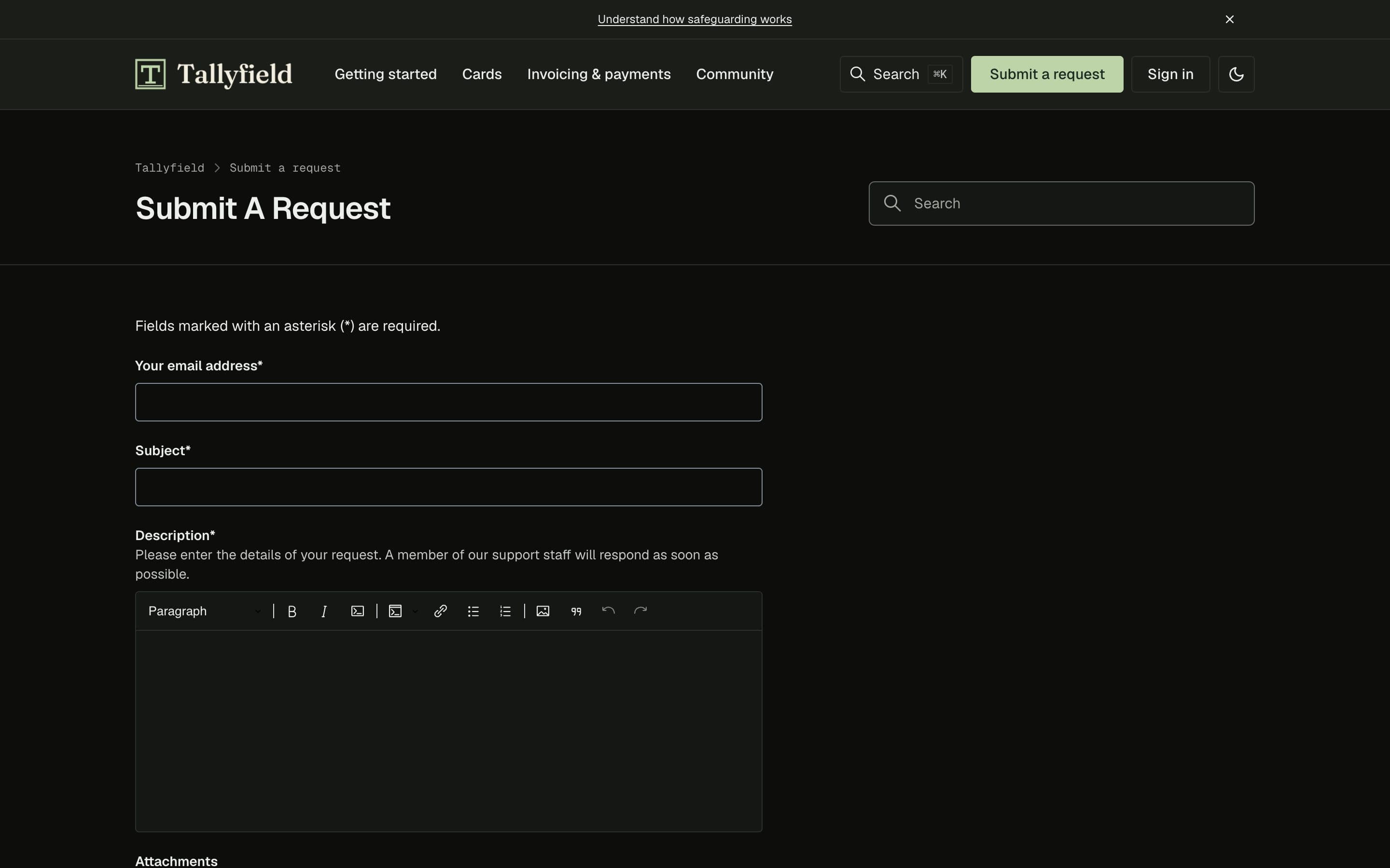 Submit a request form in dark mode